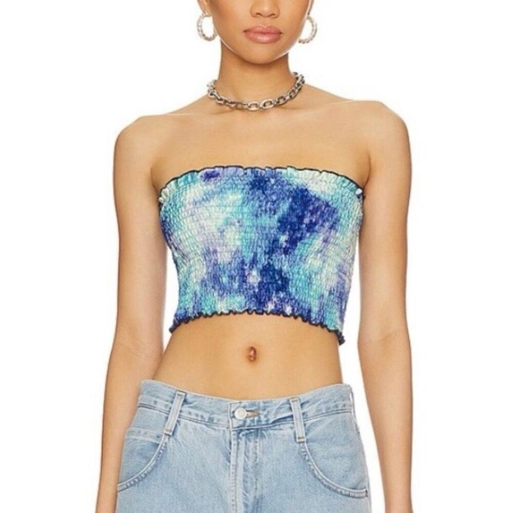 More To Come x REVOLVE Savannah Tye Dyed Smocked Crop Top Blue Multi, Women’s XS